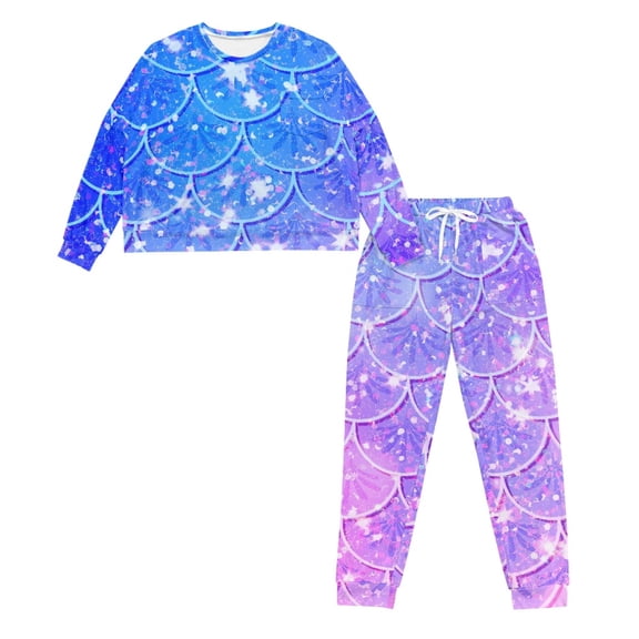 Psesaysky Gradient Mermaid Scale Pattern Pjs Set, Comfy Long Sleeve Women‘s Pajama Sets Cozy Top & Pants Set for Sleepwear