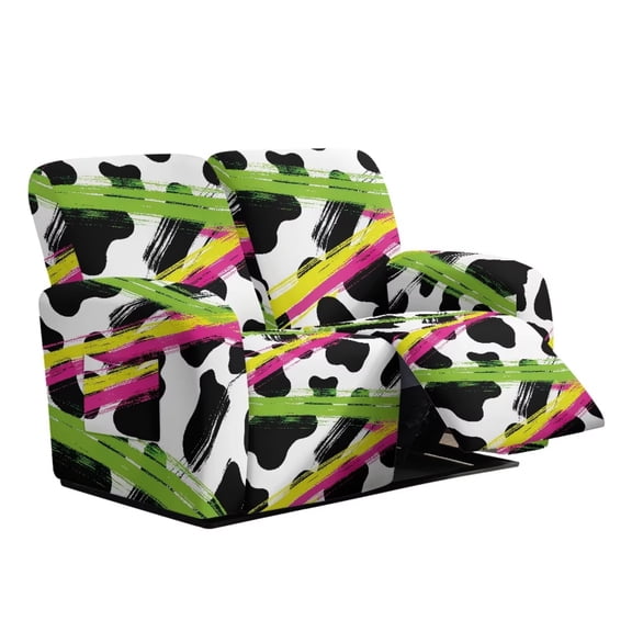 Psesaysky Graffiti Cow Print Recliner Loveseat Cover Elastic Straps Middle Console Reclining Couch Cover Washable Polyester