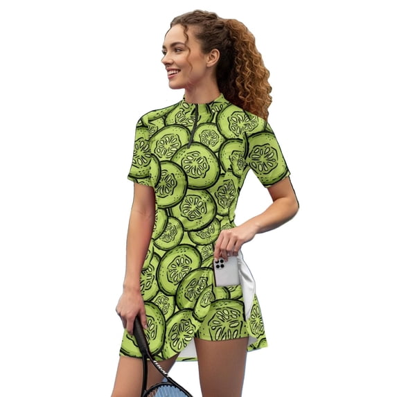 Psesaysky Green Cucumber Tennis Dress with Shorts for Women Moisture Wicking Golf Dress Short Sleeve Zip Up Workout Exercise Skater Skort with Pockets for Pickleball Running Sport