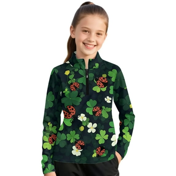 Psesaysky Green Leaves Ladybug Print Girls Sweatshirt Hoodie for Teen Girls Stand-up Collar Sweatshirt Quarter Zip Pullover Fleece Sizes 6-7 Y Clothing