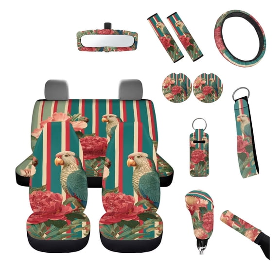 Psesaysky Green Parrot 14 Piece Auto Seat Protector Set Red Peony Vehicle Interior Covers Steering Wheel Cover Mirror Cover Coasters Seat Belt Pads Keychains Universal Fit