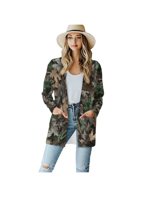 Grey Green Leaves Camo Hunting Fall Loose Cardigan for Women Casual Open Front Cardigan Lightweight Long Sleeve Dusters Drape Jackets Dressy V-neck Flowy Tops with Pockets