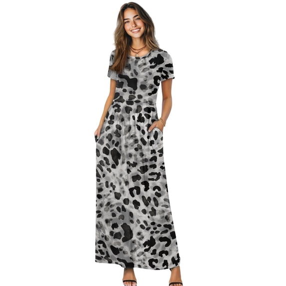 Psesaysky Grey Leopard Print Pattern Casual Maxi Dress, Soft with Pockets Polyester and Spandex Fabric Ladies Short Sleeve Long Maxi Dress for Weekend Gathering