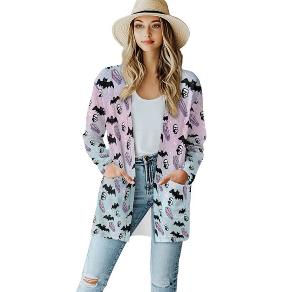 Psesaysky Halloween Bat Coffin Sweaters Women's Casual Lightweight Open Front Cardigans with Pockets Basic Soft Long Sleeve Cardigan Dusters Drape Tops Loose Jacket