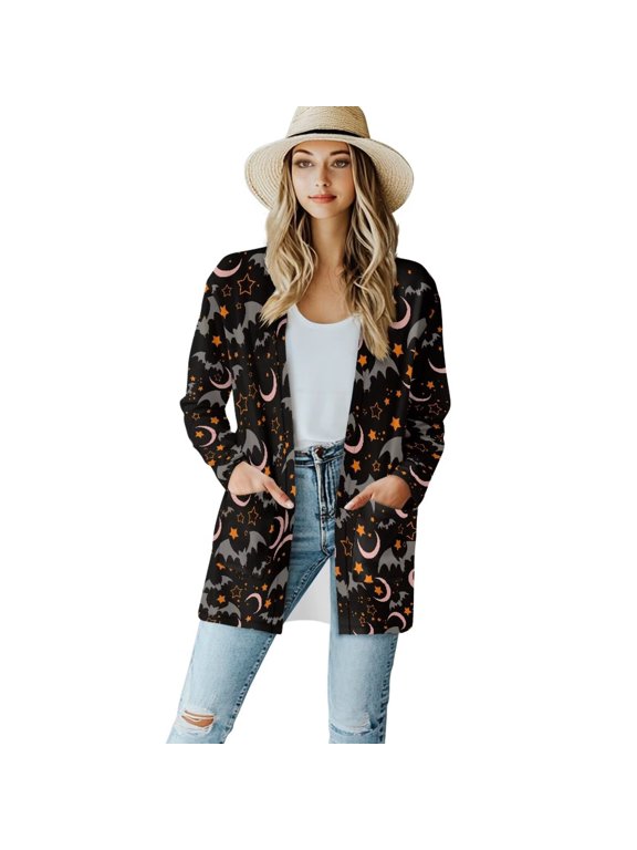 Halloween Black Bat Womens Long Sleeve Lightweight Cardigans Kimono Coverups Classic Open Front Cardigans Drape Fall Long Sleeve Sweater Outwear Loose Coat with Pockets
