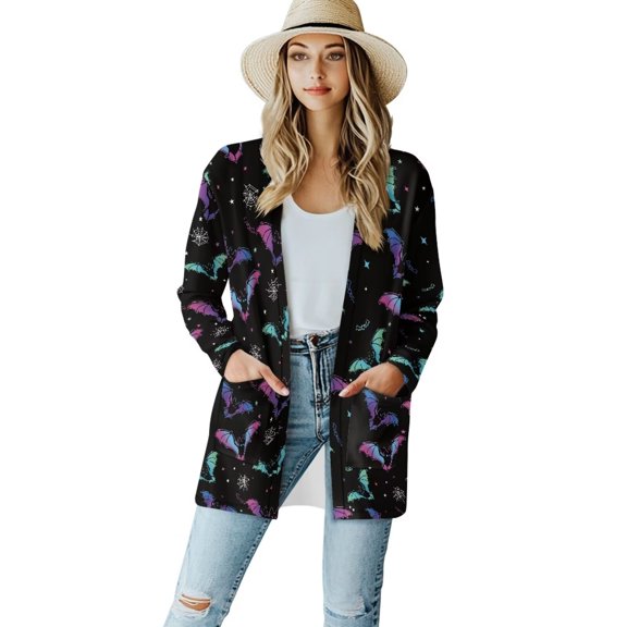 Psesaysky Halloween Colorful Bat Cardigan for Women Dressy Casual Lightweight Cardigans Long Sleeve Open Front Sweaters Flowy Tops Fall Dusters Decent Elegant Coat with Pockets