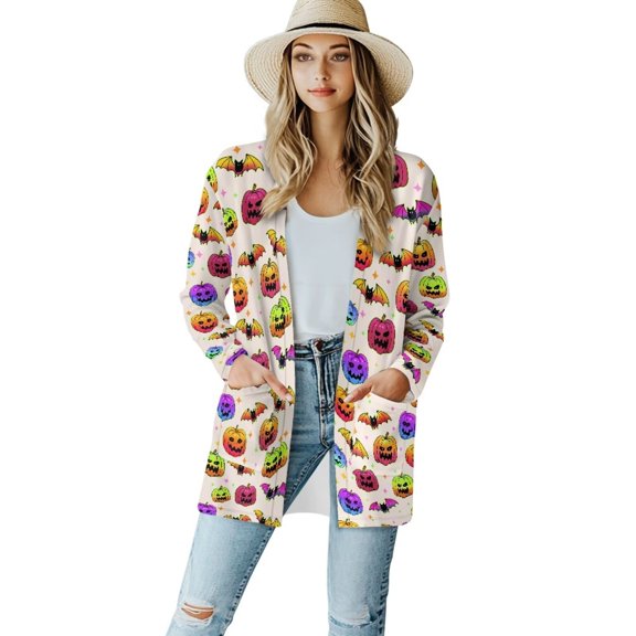 Psesaysky Halloween Colorful Pumpkins Cardigan Sweaters for Women Bat Casual Lightweight Long Sleeve Cardigan Soft Drape Open Front Fall Dusters V-neck Jackets Dressy Loose Coat