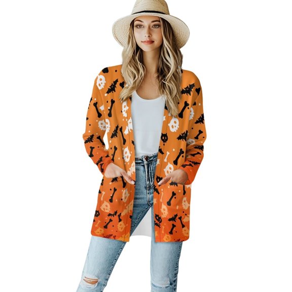 Psesaysky Halloween Ghosts Cardigan Sweaters for Women Bat Casual Lightweight Long Sleeve Cardigan Soft Drape Open Front Fall Dusters V-neck Jackets Dressy Loose Coat