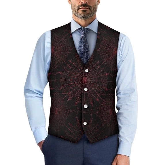 Psesaysky Halloween Mens Suit Vest with Red Spider Web, Woven Fabric Button Down for Business and Spooky Party Events