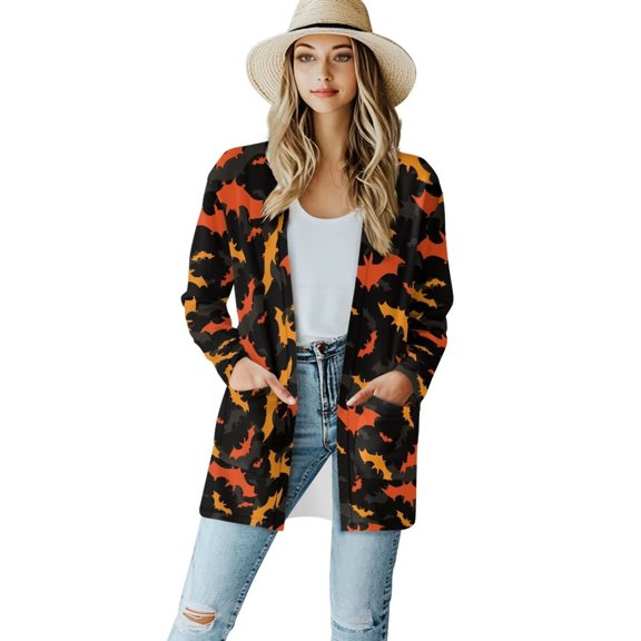 Psesaysky Halloween Orange Bat Sweaters Women's Casual Lightweight Open Front Cardigans with Pockets Basic Soft Long Sleeve Cardigan Dusters Drape Tops Loose Jacket