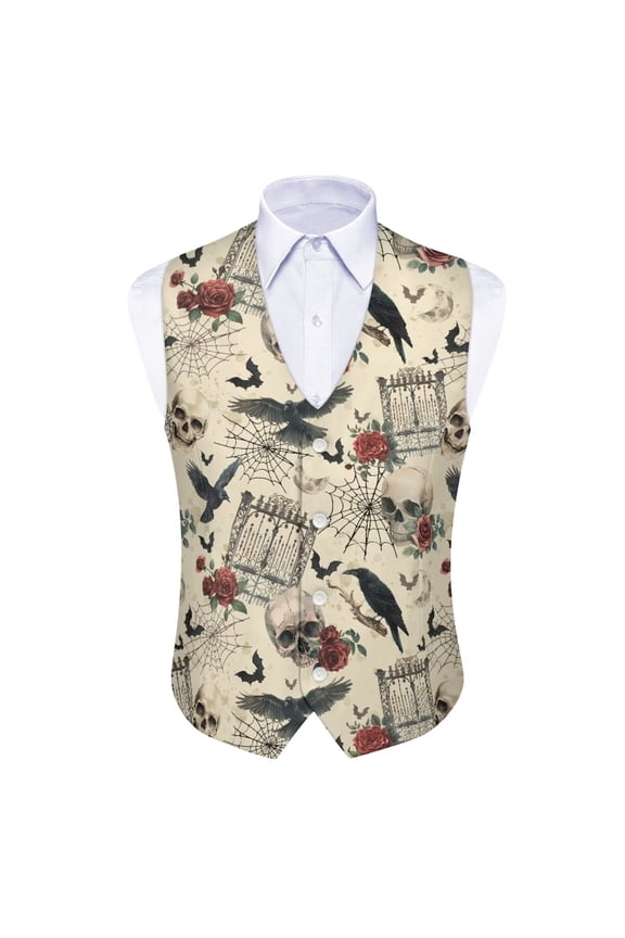 Halloween Raven Skull Bats Men's Business Suit Vest Formal Dressy Waistcoat Vest Holiday Party Vest Jackets Gothic Top