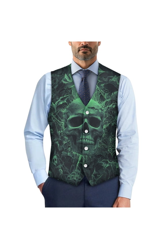 Halloween Slim Fit Business Vest Featuring Green Skull Bat, Lightweight 4 Buttons Woven Waistcoat for Wedding and Casual Events