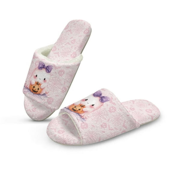 Psesaysky Halloween Soft Indoor Open Toe Slippers Non-slip Sole Lightweight House Slippers Bedroom Home Shoes Pink Ghost Pumpkin Print, Size 12-13
