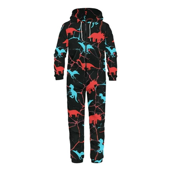 Psesaysky Halloween Theme Adult Onesie Pajames for Pajamas Party Blue Red Dinosaur Men and Women Zipper Playsuit for Couple Cosplay, Size XL