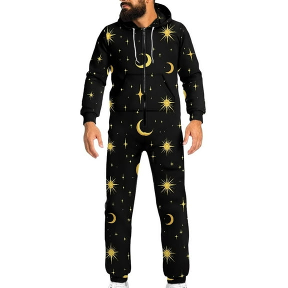 Psesaysky Halloween Theme Yellow Moon&Stars Print One Piece Pajames with Pocket Space Zipper Onesie Sleepsuit for Men Women, Size 3XL