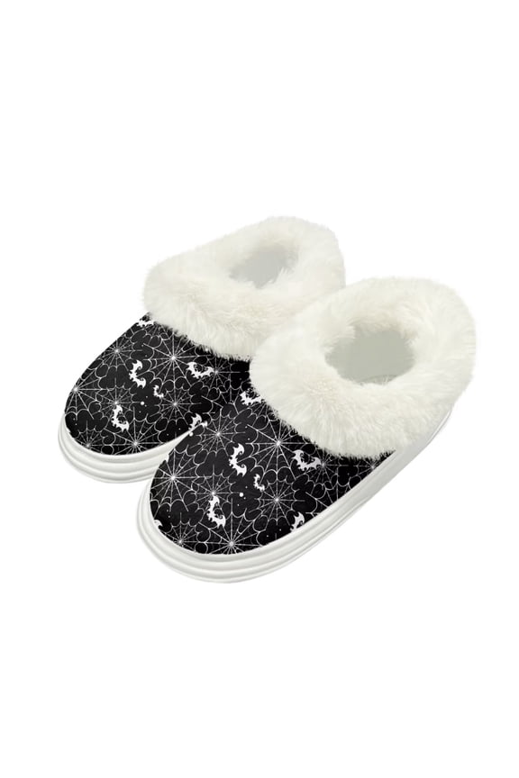Halloween Warm House Slippers for Women Spider Web Bat Print Comfy Fleece Lined Fuzzy Slippers with Thick Sole for Indoor Outdoor