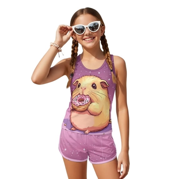 Psesaysky Hamster Donut Girls Tankini Swimsuit 2 Piece Modest Bathing Suits for Girls Swim Tank Top + Bottoms, Size 6-15Y
