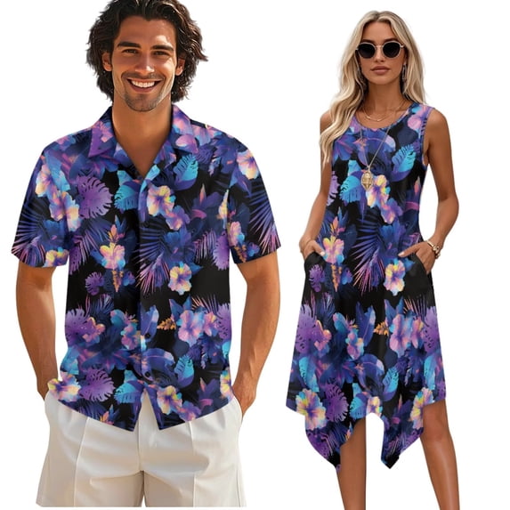 Psesaysky Hawaii Hibiscus Palm Sleeveless Dress with Matched Shirts for Couples Hawaiian Matching Luau Outfit Womens Summer Beach A Line Sundress or Aloha Shirts for Vacation