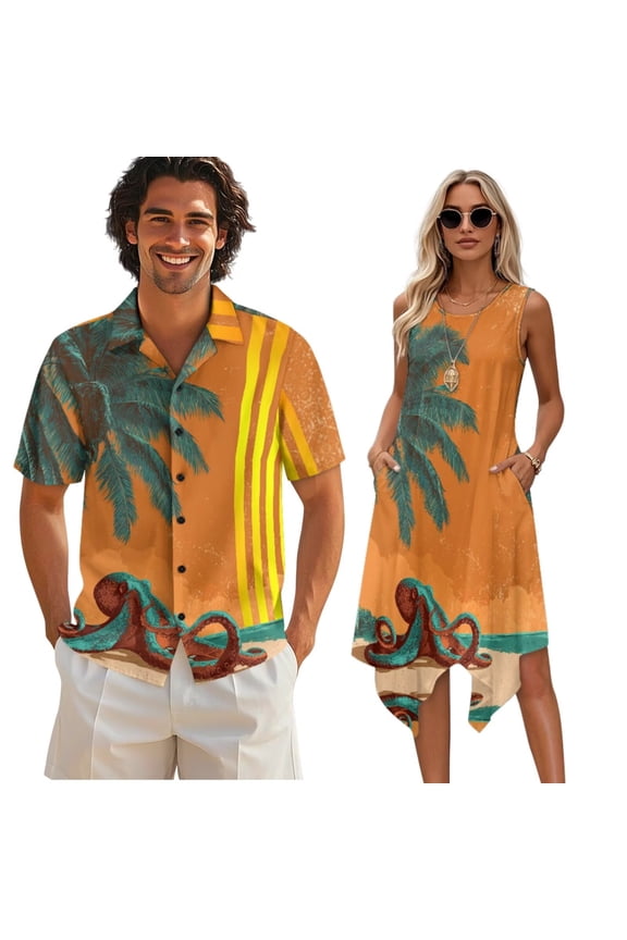 Hawaii Octopus Sleeveless Womens Tank Dress Palm Tree Print Mens Short Sleeve Shirts Beach Sundress with Pockets Vacation Aloha Shirts Couples Matching Hawaiian Outfit