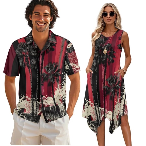 Psesaysky Hawaii Palm Ocean Wave Print Tunic Dress with Matched Shirts for Beach Hawaiian Couples Matching Outfit Women Sleeveless Dress or Short Sleeve Shirts Summer Outfit,S-5XL