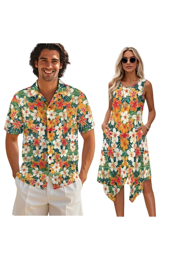 Hawaii Plumeria Hibiscus Sleeveless Sundresses for Women Summer Flowy Midi Dress and Mens Button Down Shirts Matching Couples Outfits