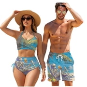 Psesaysky Hawaiian Beach Skeleton Matching Swimsuits for Couples Womens 2 Piece Bikini Sets Sexy Cross Front Mens Swimming Trunk with Pocket Couples Matching Bathing Suits Family Swimwear