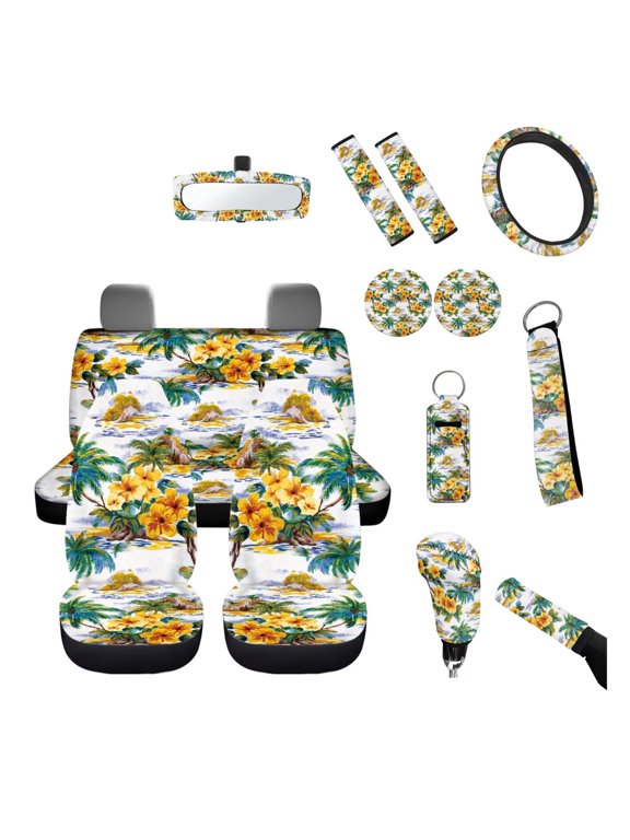 Hawaiian Flower Car Interior Set 14 Piece Coconut Tree Car Seat Covers Steering Wheel Cover Mirror Protector Gear Lever Hand Brake Covers Seatbelt Pads Keychains Universal Fit