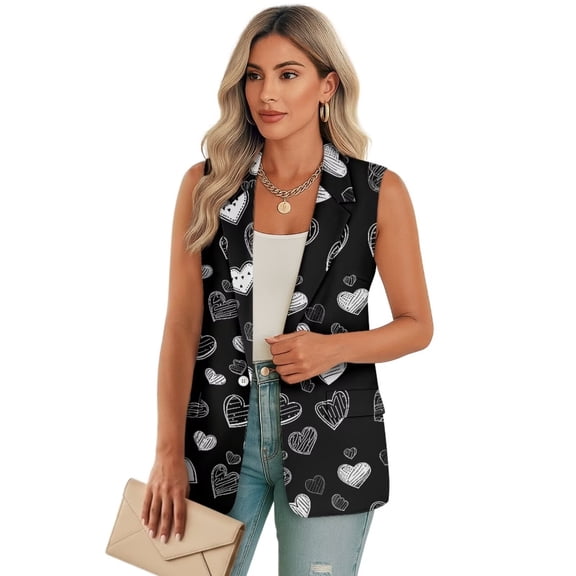 Psesaysky Hearts Print Womens Vest Fashion Dressy Single Button Sleeveless Blazer Suit Jackets Office Work Clothes, Size L