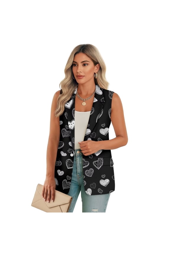 Hearts Print Womens Vest Fashion Dressy Single Button Sleeveless Blazer Suit Jackets Office Work Clothes, Size L
