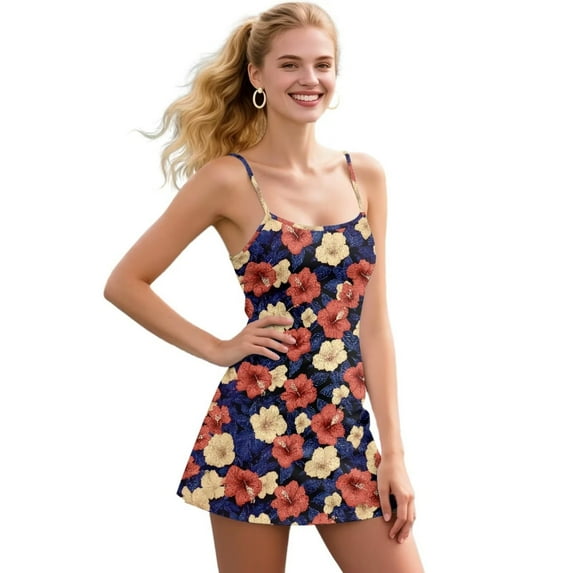 Psesaysky Hibiscus Flower Print Tropical Tennis Dress for Women Square Neck Sleeveless Cross Back Active Dress Built in Shorts and Pockets Golf Outfits, Size XL