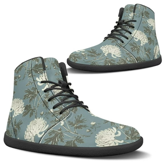 Psesaysky High-Top Printed Shoes with Chrysanthemum for Women Water-Resistant PU Leather Barefoot Shoes Size 6-13.5