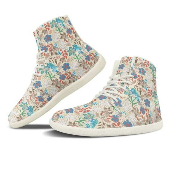 Psesaysky High-top Barefoot Shoes Lace-Up Casual Shoes for Women and Girls Minimalist Zero Drop Shoes Comfortable Floral Sneakers