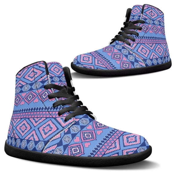 Psesaysky High-top Barefoot Shoes with Blue Tribal Stripes Leather Barefoot Shoes for Women Water-Resistant Sneakers