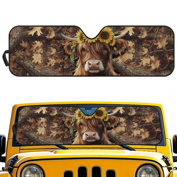 Psesaysky Highland Cow Hunting Camo Front Windshield Sun Shade Foldable Front Window Sun Shield Visor Fit for Off-road Vehicle Block UV Rays Car Accessories Heat Keep Car Cooler