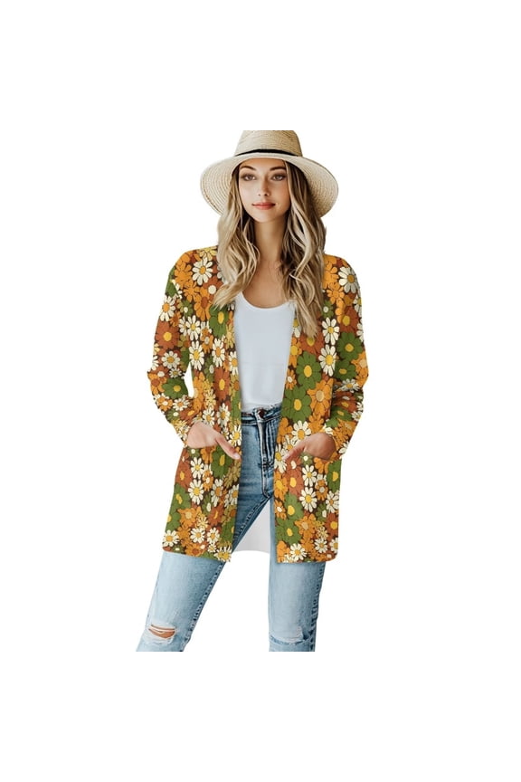 Hippie Flower Women's Cardigan Casual Lightweight Long Sleeve Drape Open Front Loose Fall Cardigans Dusters Flowy Long Tops for Girls with Pockets