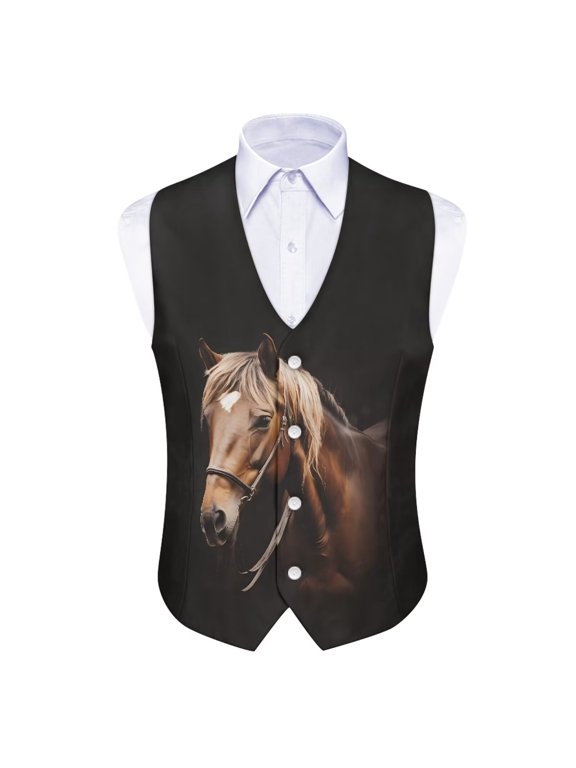 Horse Suit Vests for Men Casual Sleeveless Tuxedo Wear Suit Vest with Back Strap Regular Fit Waistcoat Cocktail Party Dress Vest