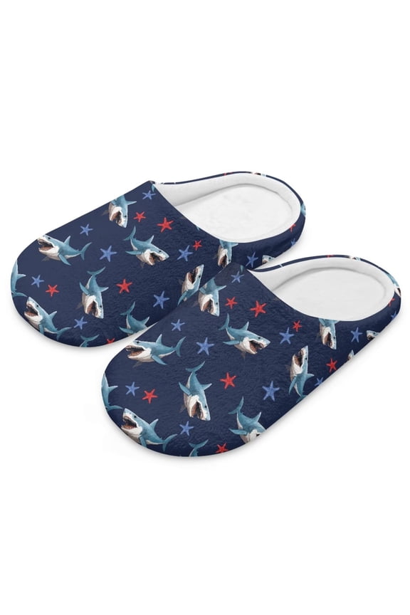 House Slippers for Woman Comfortable Arch Support Indoor Slippers Closed Toe Soft Bedroom Shoes Blue Shark Stars Print, Size 6-7