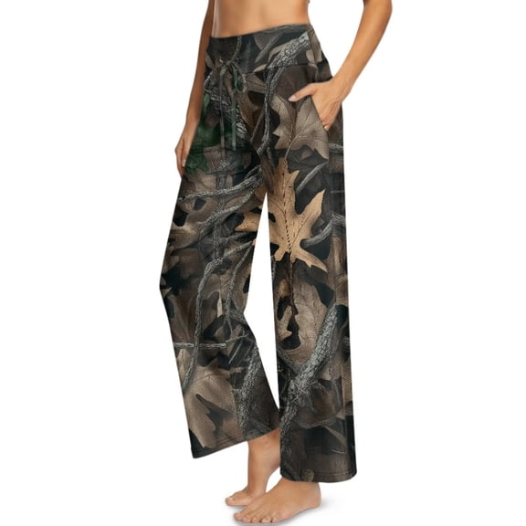 Psesaysky Hunting Camo Leaves Print Women Wide Leg Pants High Waisted Elastic Waistband Business Casual Work Trousers Dressy Pants with Pockets, Size S