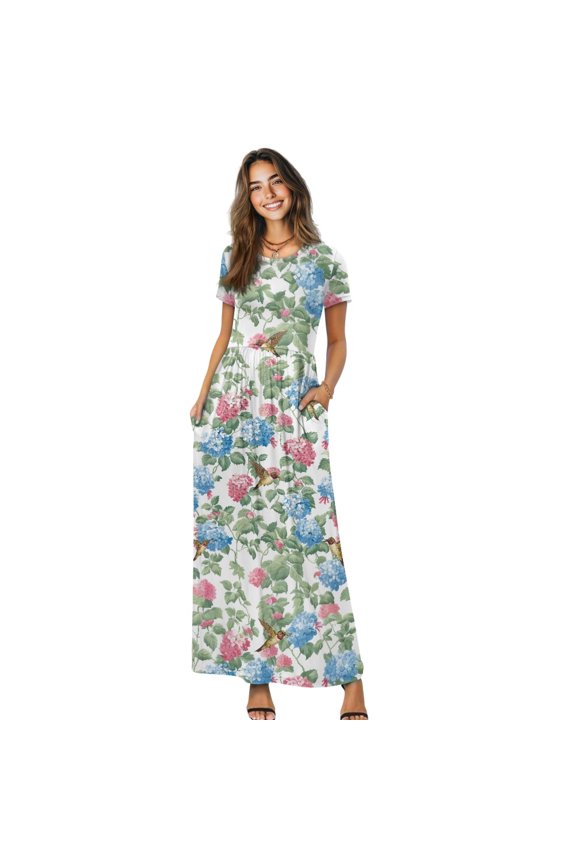 Hydrangea Polyester and Spandex Short Sleeve Maxi Dress with Breathable, Loose Fit Flowy Women's Maxi Dress for Family Gathering Daily Daily Walk