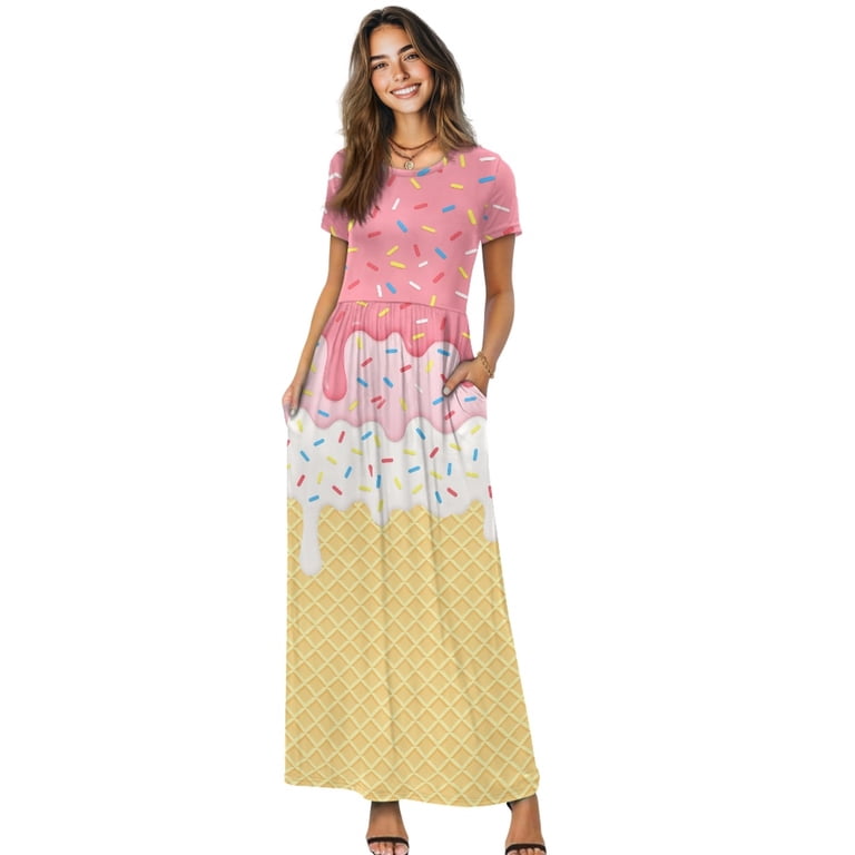Psesaysky Ice Cream Cone Print Short Sleeve Maxi Dress, Loose Fit Round Neck Polyester and Spandex Fabric Women's Relaxed Casual Maxi Dress for Outdoor Travel