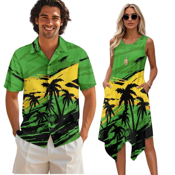 Psesaysky Jamaican Flag Palm Tree Men’s Button Down Aloha Shirts,Womens Summer Sundress Sleeveless A Line Flowy Tank Dress with Pockets Plus Size Matching Couples Patriotic Outfit
