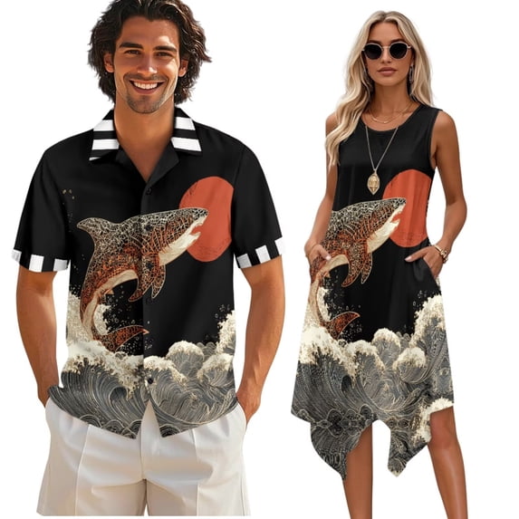 Psesaysky Japanese Style Bass Fish Print Womens Sleeveless Flared Tunic Sundress Pockets&Mens Short Sleeve Buttons Shirts Matching Couples Outfit for Wedding Travel Beach