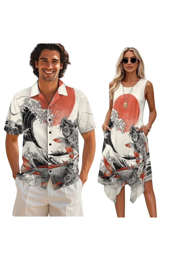 Japanese Style Mens Short Sleeve Shirts Hawaii Button Down Shirts or Womens Sleeveless Dress Flared Tank Sundress with Pockets Matching Couples Outfits,Fish Ocean Wave