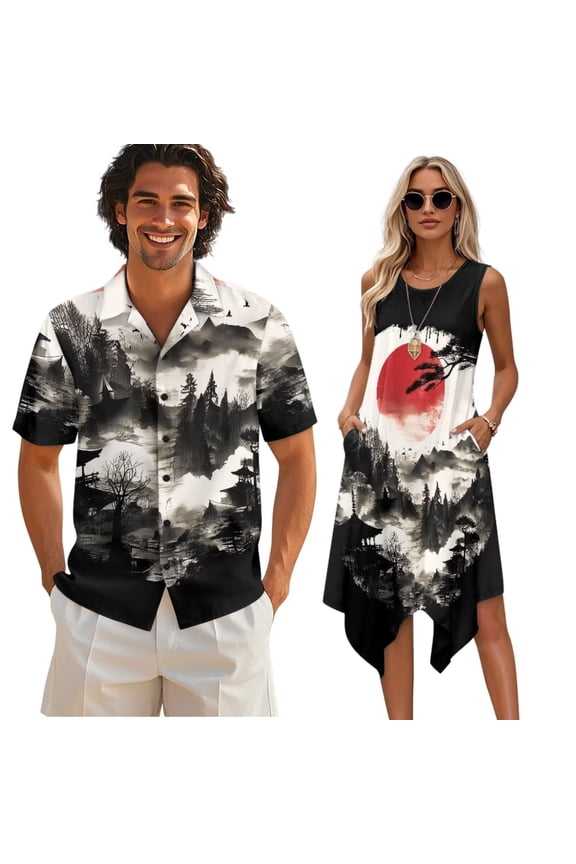 Japanese Style Print Sleeveless Womens Tank Dress Mens Short Sleeve Shirts Beach Sundress with Pockets Vacation Aloha Shirts Couples Matching Hawaiian Outfit-5XL