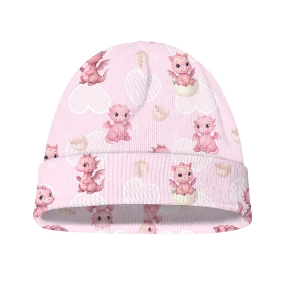 Psesaysky Kid's Winter Beanies Cartoon Pink Dragon Print Stretchy Knitted Beanies Warm Cold Weather Beanie Hats for Boys or Girls