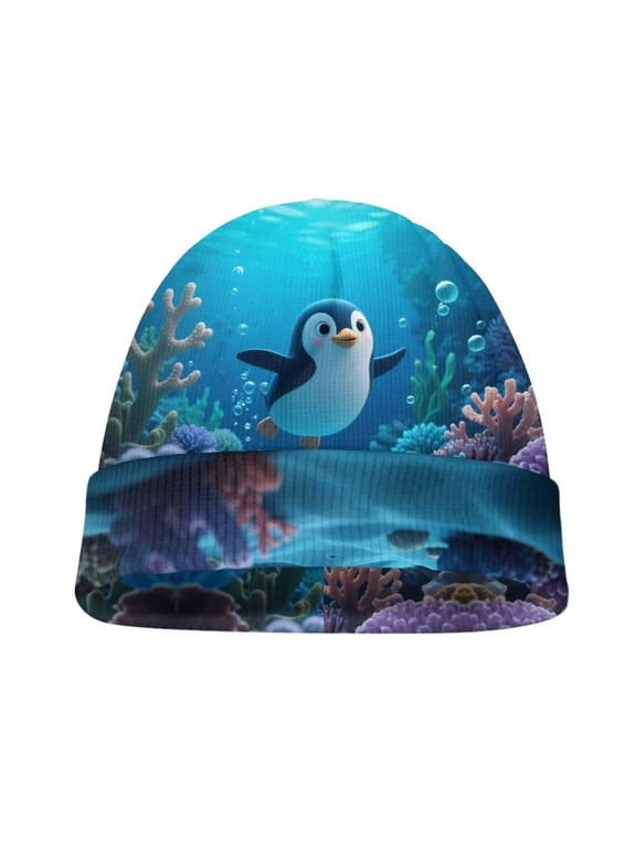 Kids Beanie Hat with Ocean Penguin Print, Toddler Girls Boys Cold Weather Hats, Kids Winter Hat Cuffed Cap