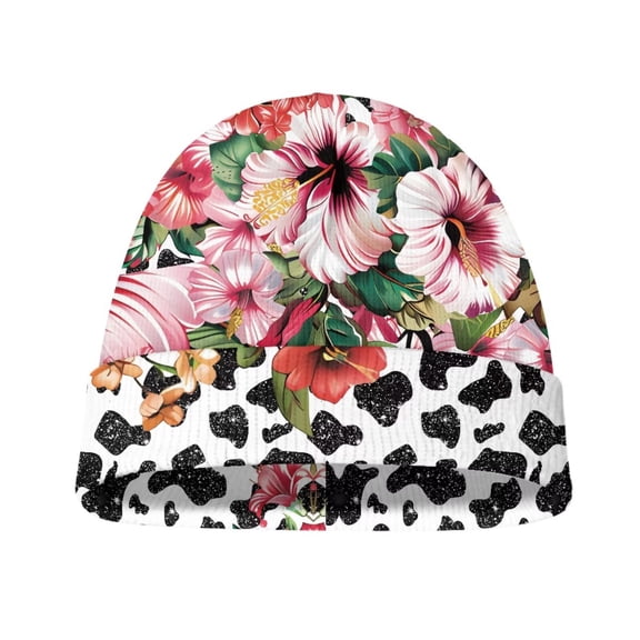 Psesaysky Kids Beanie Hat with Tropical Hibiscus Cow Print Print, Toddler Girls Boys Cold Weather Hats, Kids Winter Hat Cuffed Cap