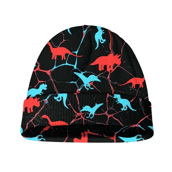 Psesaysky Kids Beanies Blue Red Dinosaur Print Toddler Winter Hats Comfortable Soft Windproof Hats for Boys Girls
