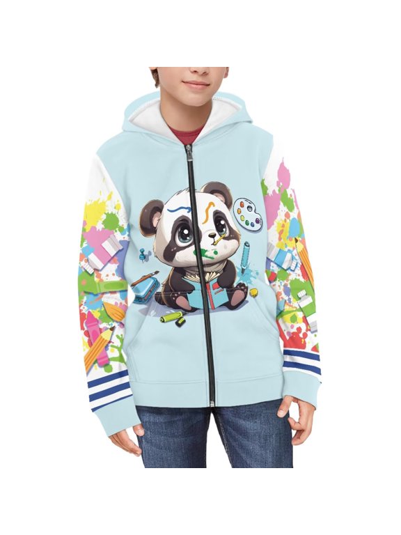 Kids Hoodie Sweatshirt Cartoon Panda Print Long Sleeve Boys Girls Full Zip Jacket Tops Clothes for Toddlers(Age 14-16)