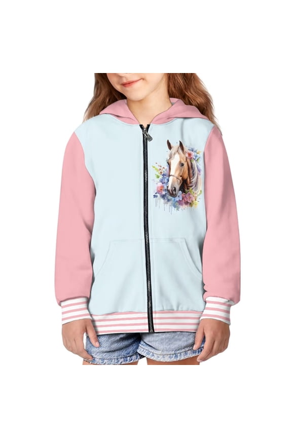 Kids Hoodie Sweatshirt Horse Flower Print Long Sleeve Boys Girls Full Zip Jacket Tops Clothes for Toddlers(Age 11-13)